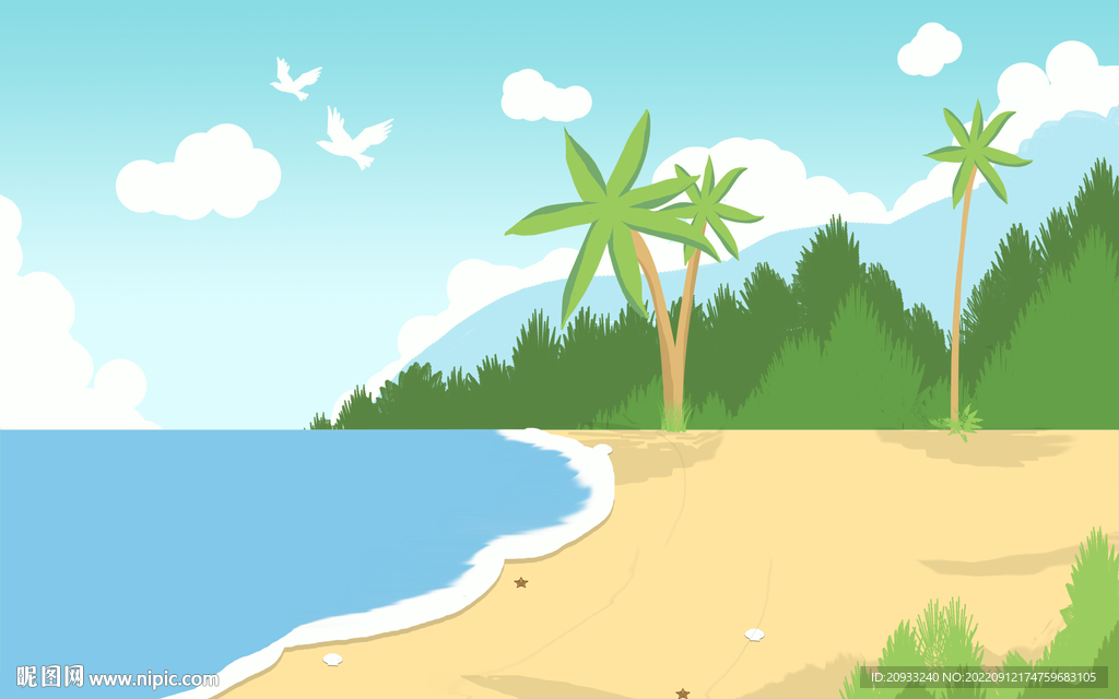 卡通夏天海边沙滩小清新背景