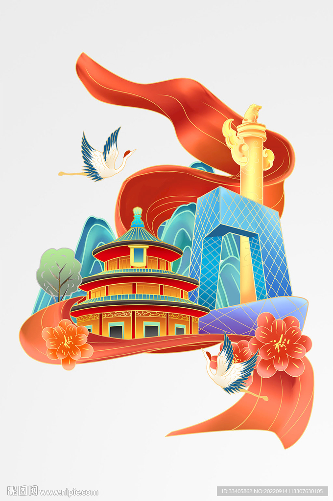 中国风地标建筑组合天坛鸟巢仙鹤