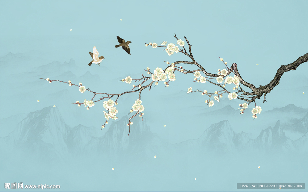 新中式梨花工笔花鸟背景墙装饰画