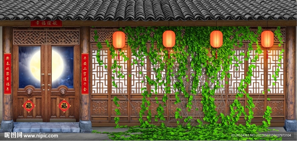 中式古建筑酒楼背景墙壁画