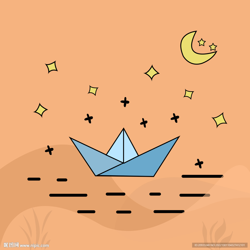 小清新暖色小船手绘星星月亮圆形