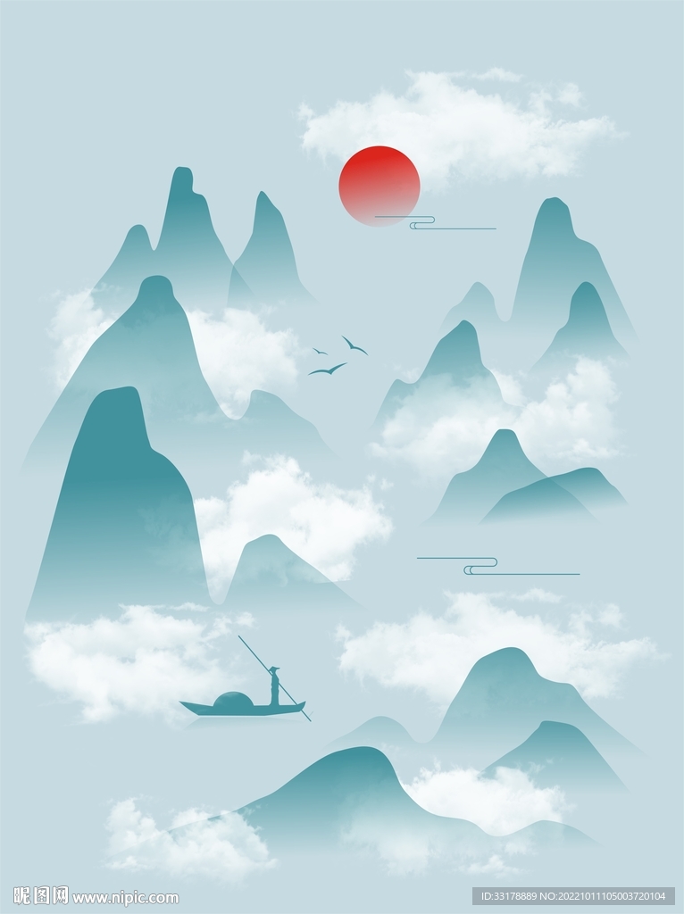中式中国风水墨山水山纹飞鸟渔船
