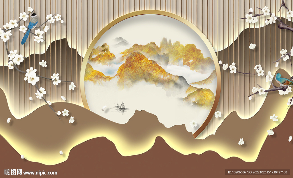 金色山水格栅海棠形象墙