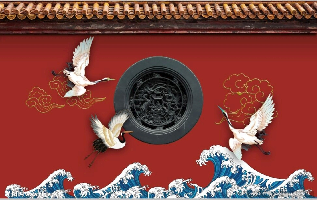 中式故宫红墙建筑背景墙壁画