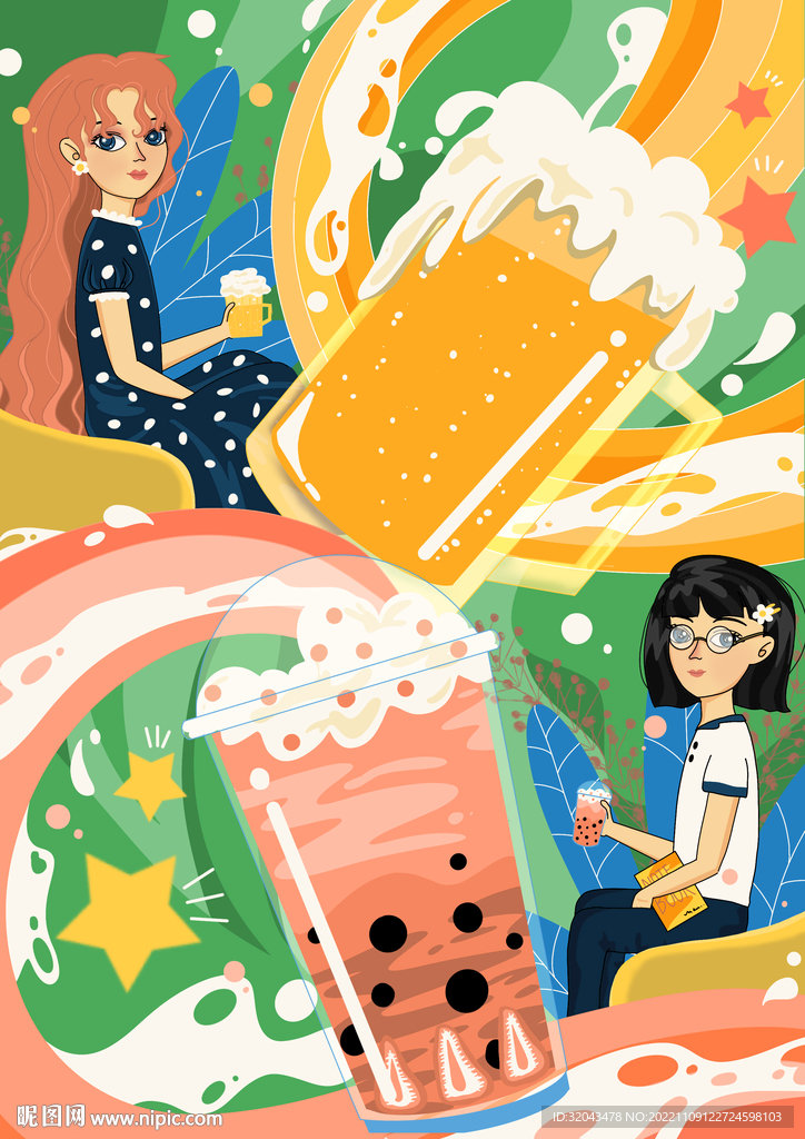 人物少女清新色彩手繪插畫