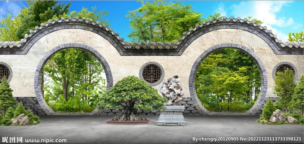 3D中式月亮门建筑背景墙