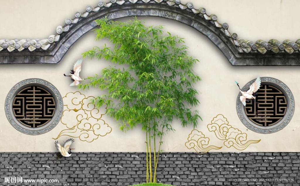 江南竹林园林建筑背景墙壁画