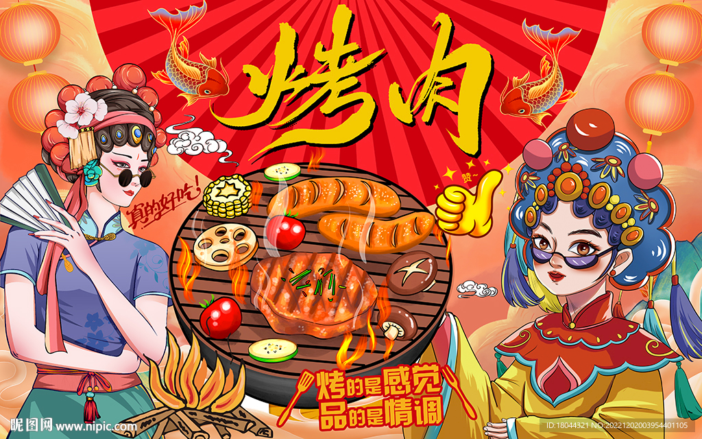國潮烤肉美女工裝背景墻