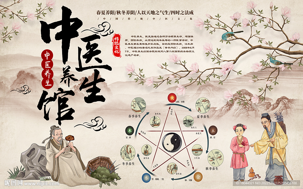 中國風(fēng)山水畫中醫(yī)養(yǎng)生館工裝背景