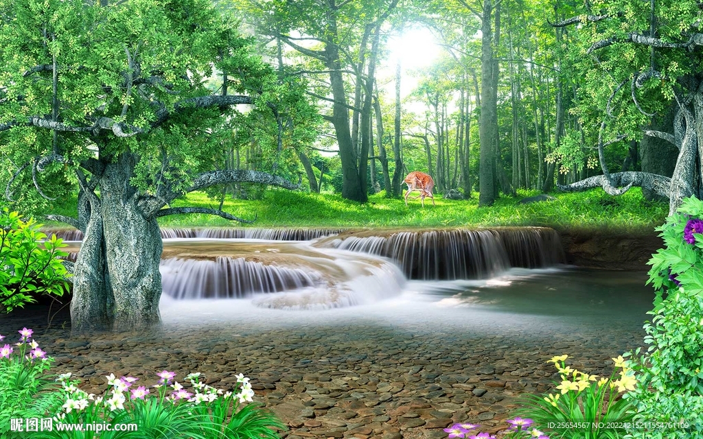 树林小溪流水风景画