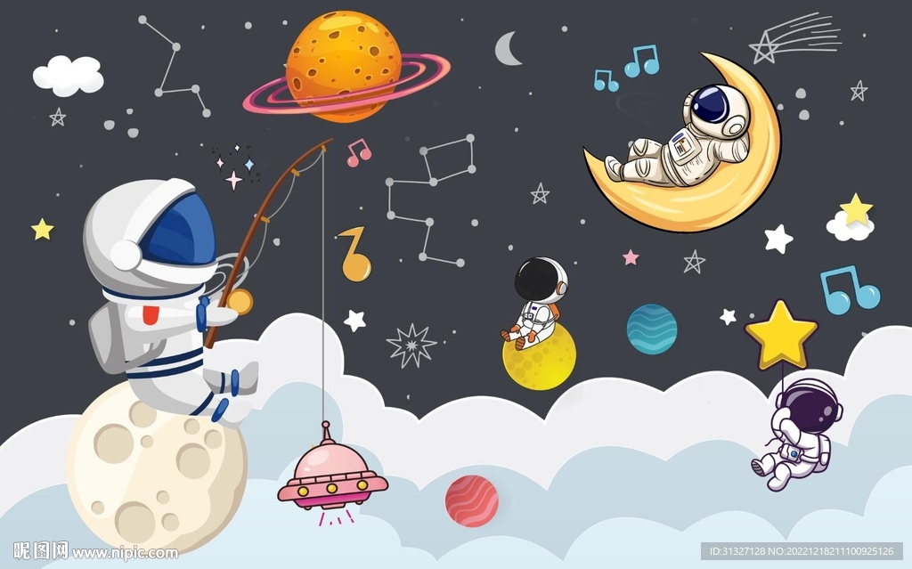 卡通太空人儿童房背景图片