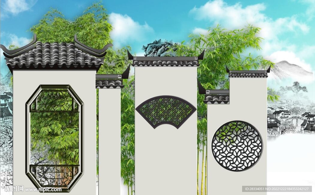 新中式徽派竹林建筑背景墙