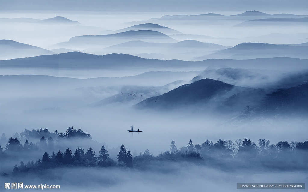 空灵意境山水风景蓝色写意背景墙