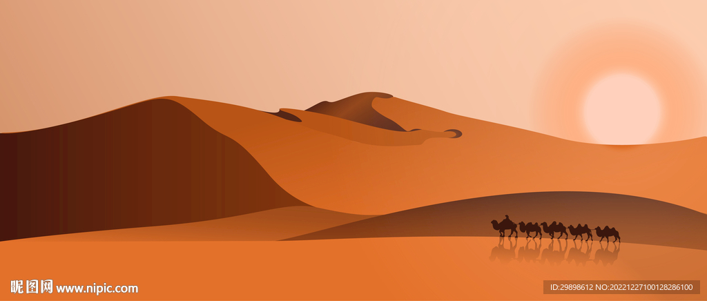丝绸之路敦煌鸣沙山沙漠骆驼剪影