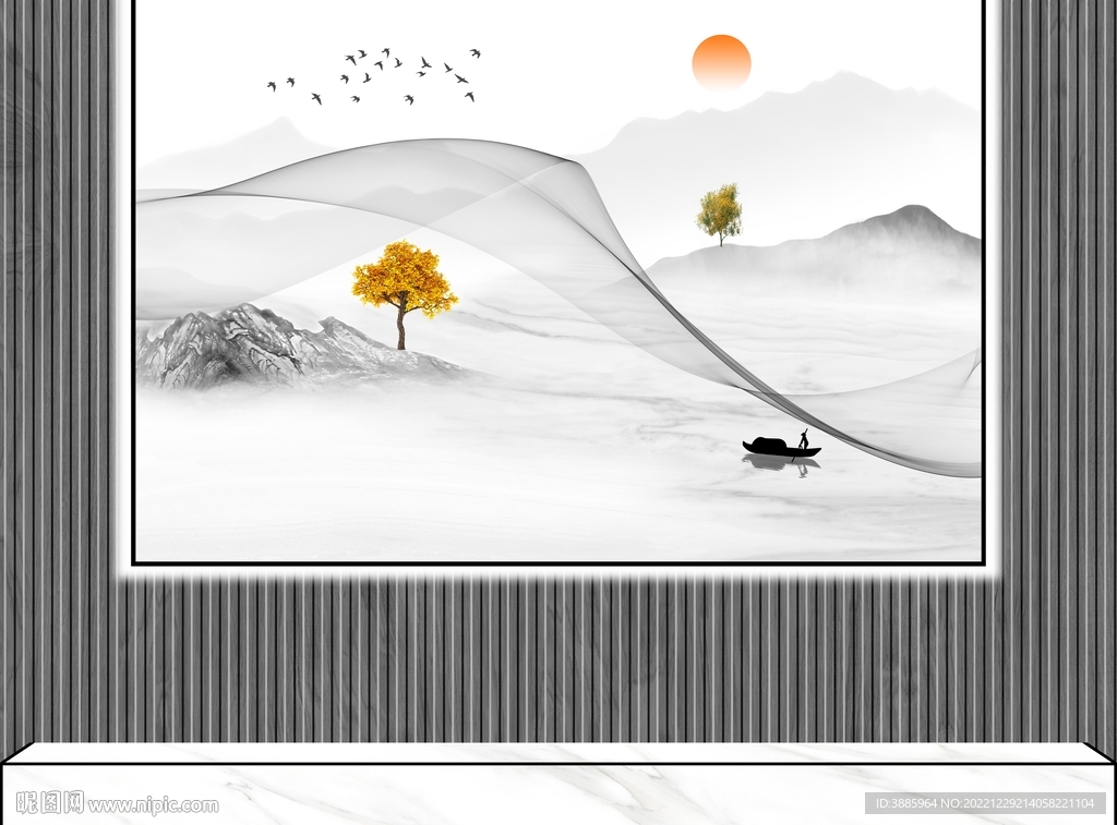 新中式抽象线条山水背景墙图片