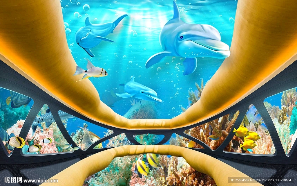 海底3D海豚电视背景墙