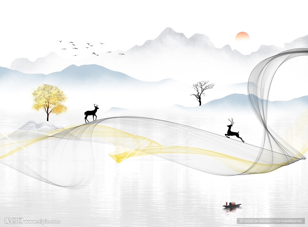 新中式手绘烟雾线条山水画图片