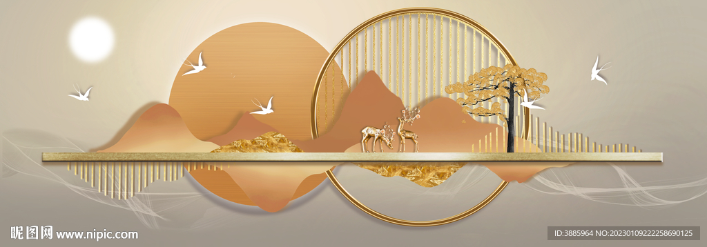 新中式金色抽象麋鹿山水床头画图
