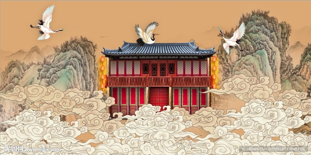 新中式祥云古建筑山水背景墙壁画
