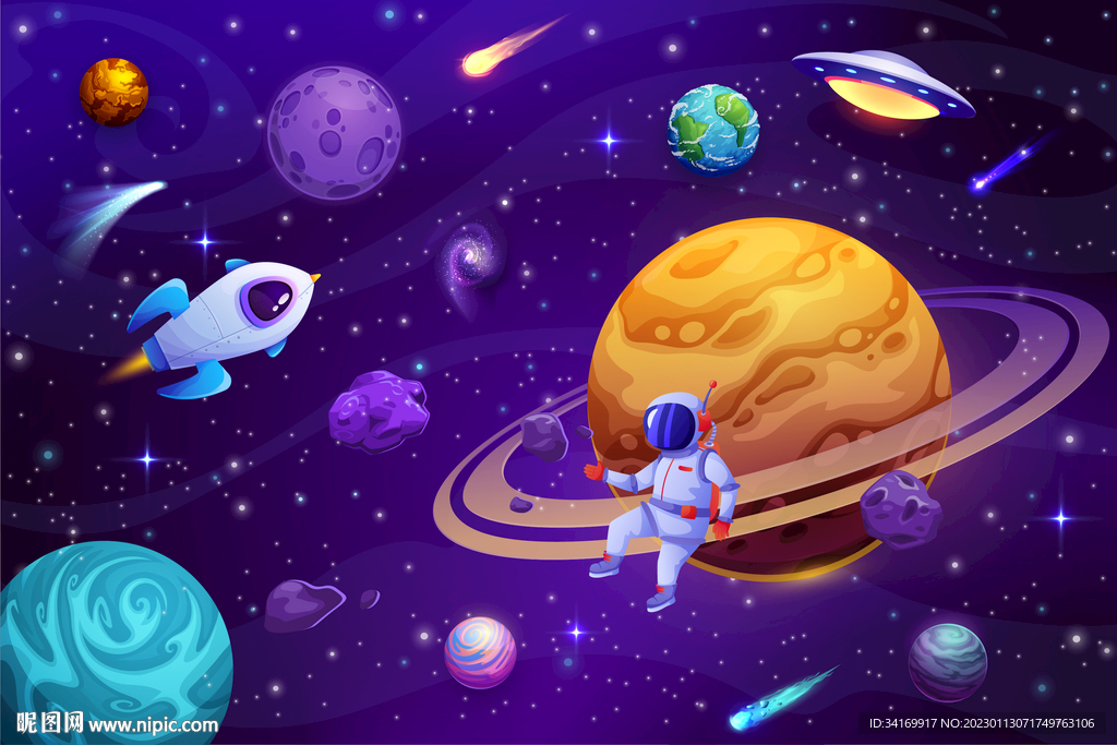 卡通立体太空星球宇航员火箭背景