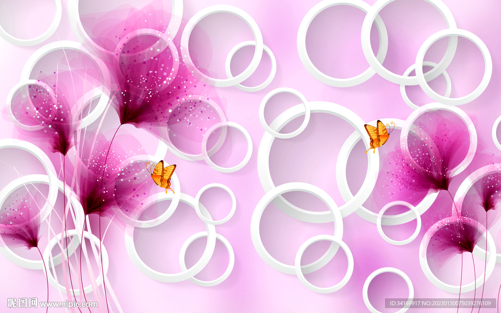 粉色花朵圆圈3D立体电视背景墙