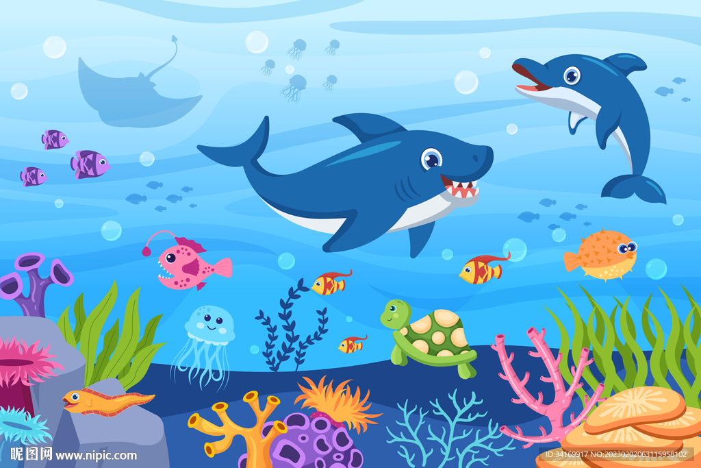 卡通海底世界海豚鲨鱼珊瑚背景墙