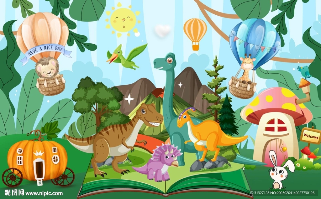 卡通儿童恐龙动物树林背景墙