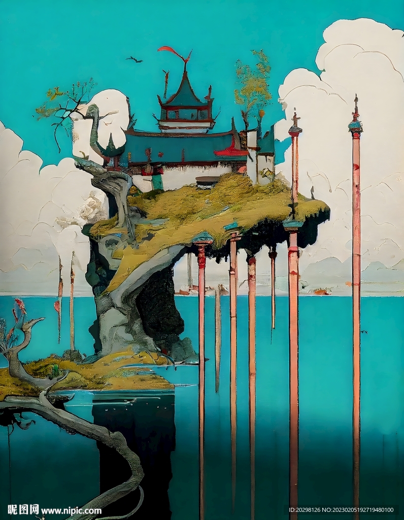 綠色超現實國風風景裝飾畫