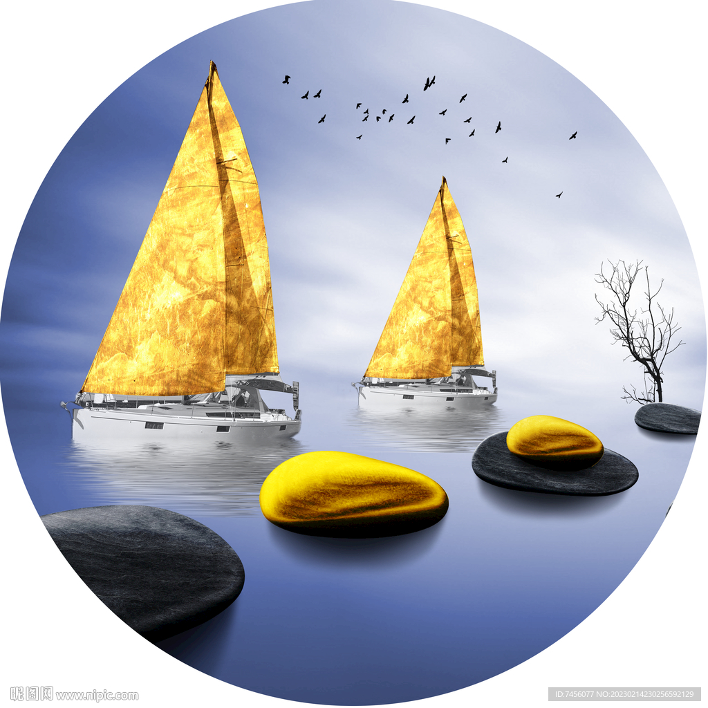 金色帆船鹅卵石湖畔圆形挂画装饰