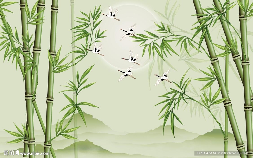 新中式绿竹山水风景背景墙壁画