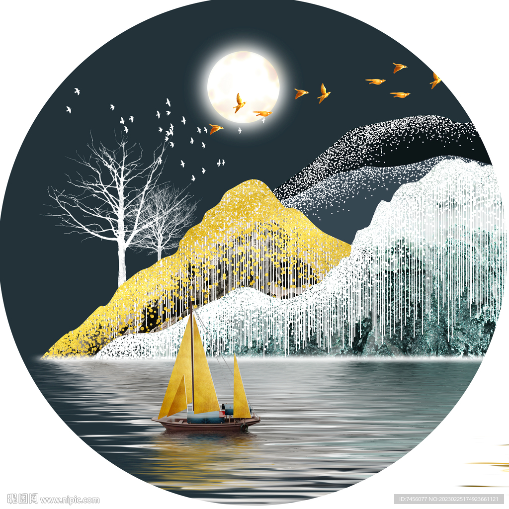 明月山林帆船圆形挂画装饰画