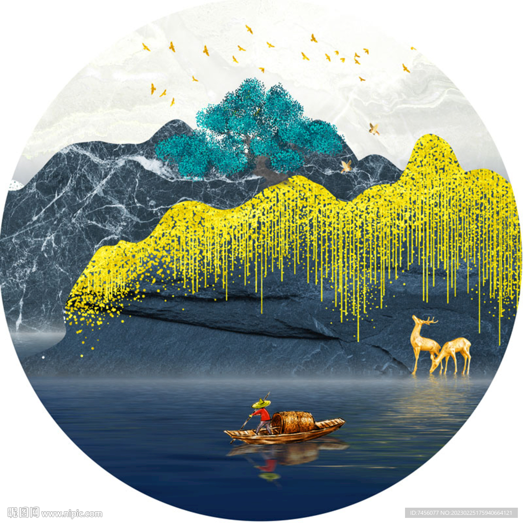 湖泊山脉麋鹿圆形挂画装饰画