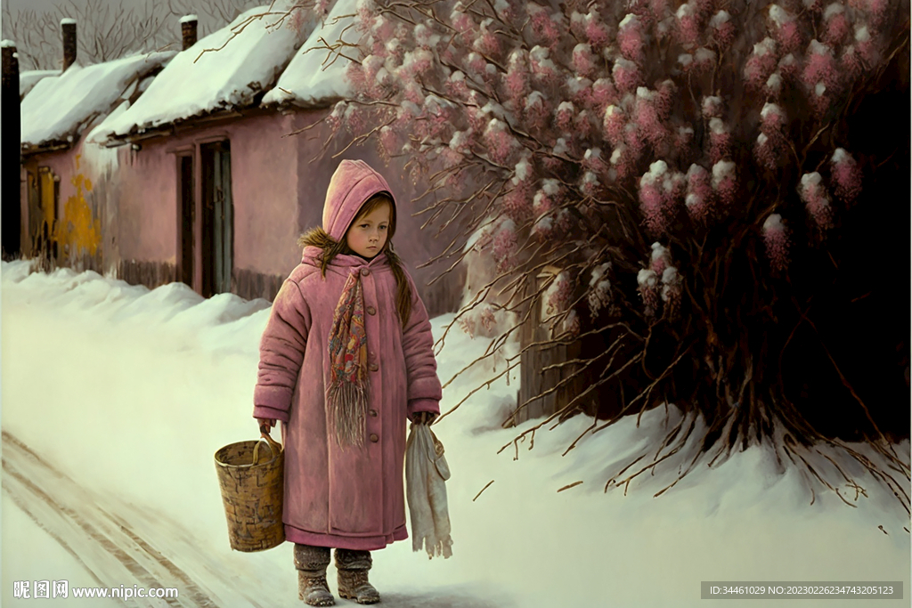 纯美油画感觉小女孩子在冬天雪地