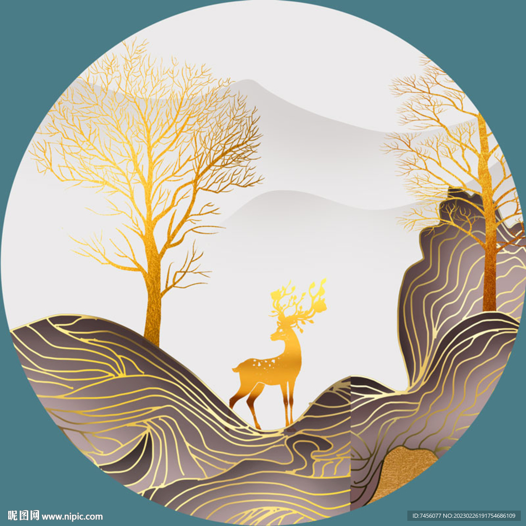 金色麋鹿简约树山脉圆形挂画