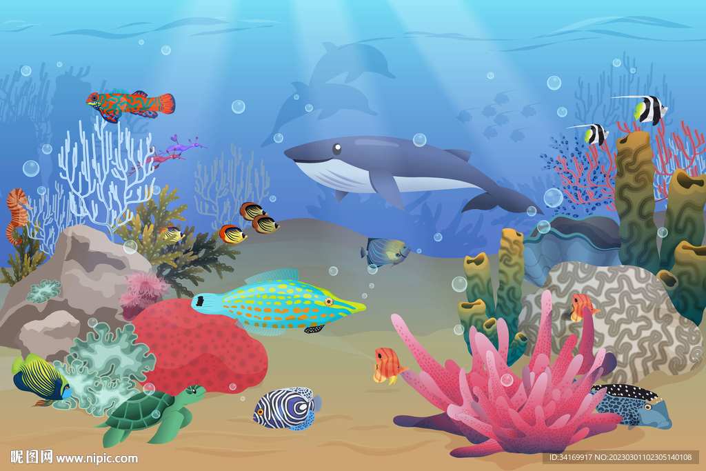 梦幻海底世界卡通鲸鱼珊瑚背景墙