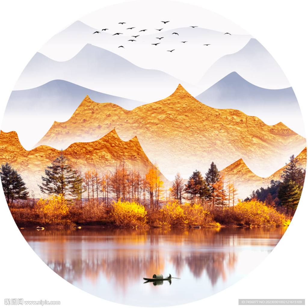 水墨山脉湖畔唯美中式挂画装饰画