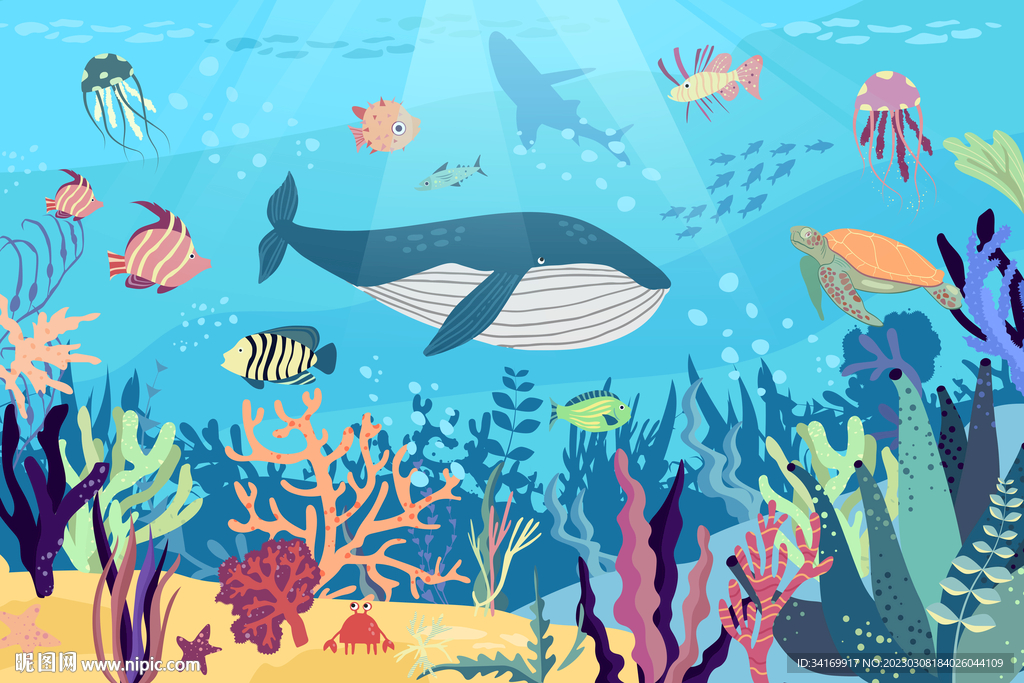 卡通蓝鲸手绘海底动物珊瑚背景墙