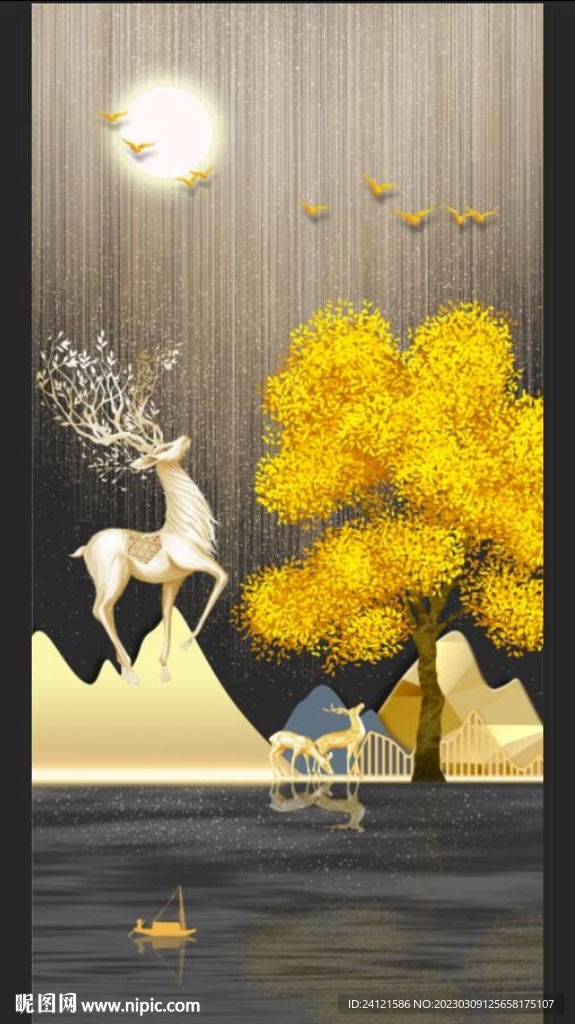 麋鹿光影几何山水金色装饰画