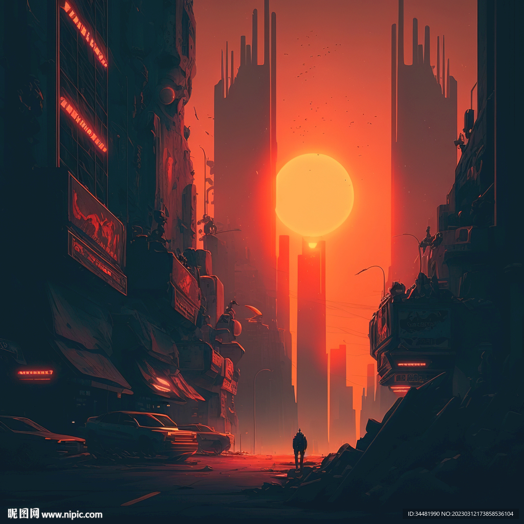 科幻城市的日落