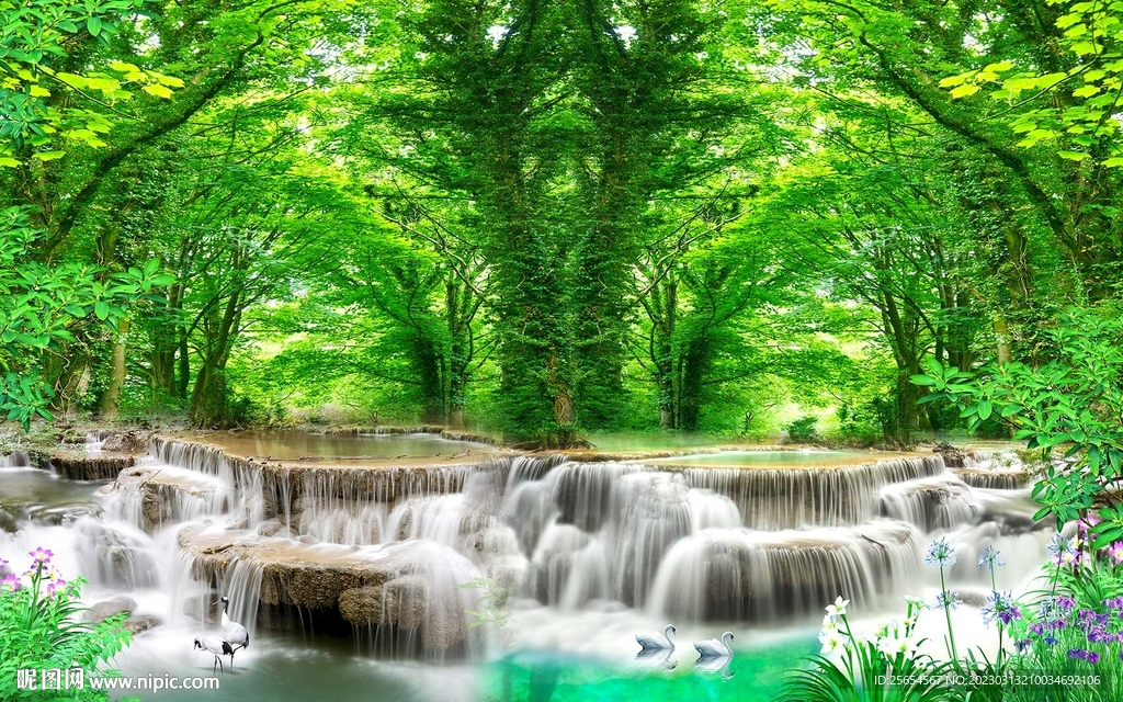 树林绿色风景流水生财背景