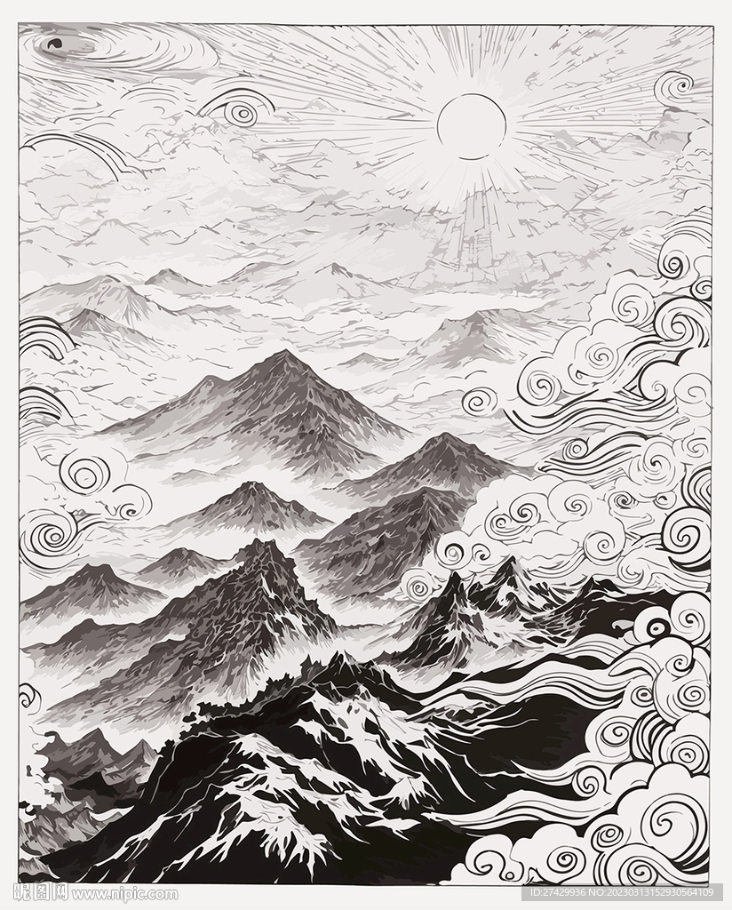 國潮黑白山水