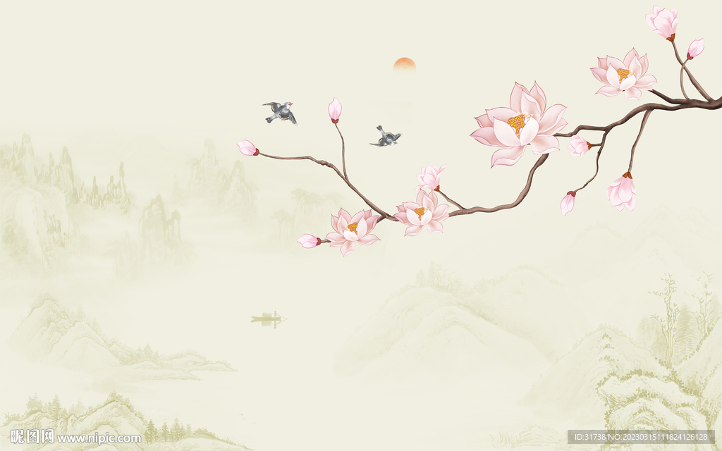 中式花鸟图手绘背景墙
