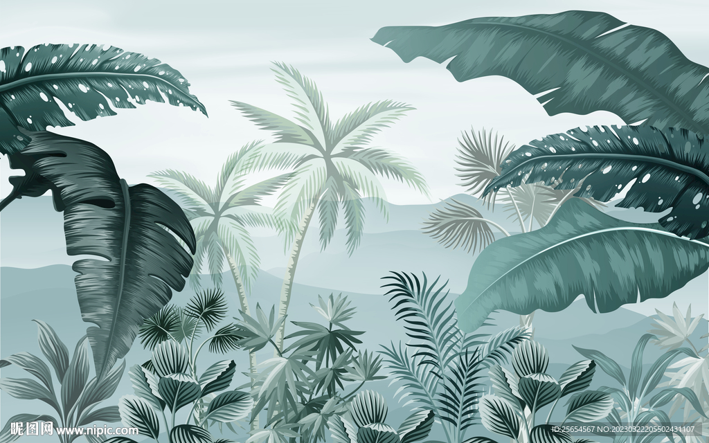 淡雅热带植物森林卧室背景墙