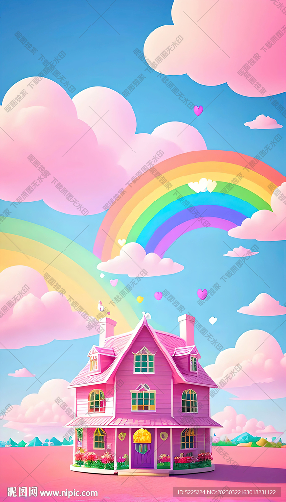 彩色天空卡通彩虹城堡气球背景