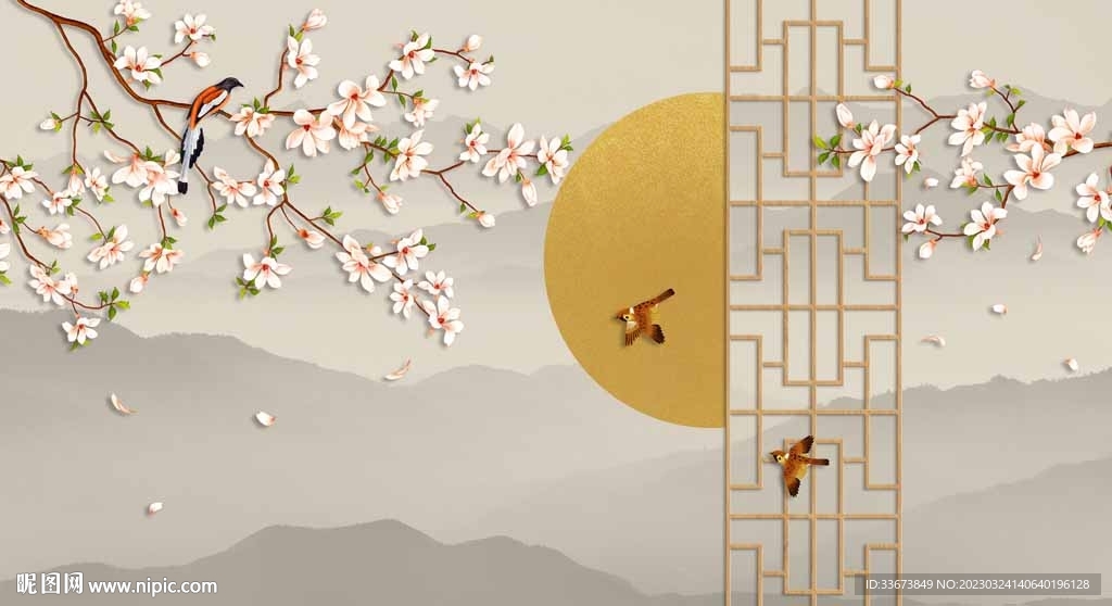 手繪花鳥山水背景墻