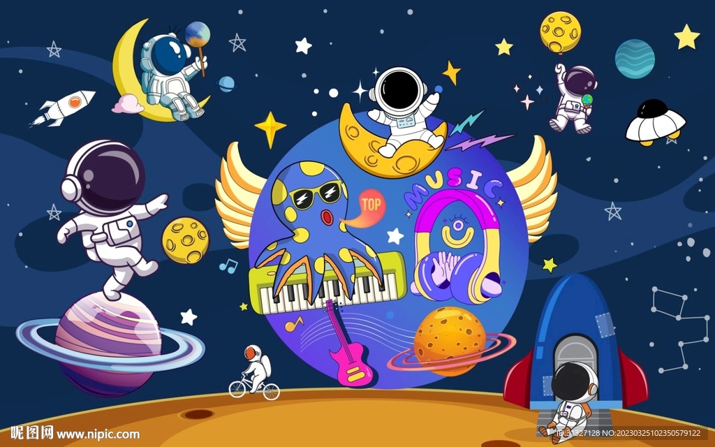 卡通音乐火箭宇宙星球太空背景