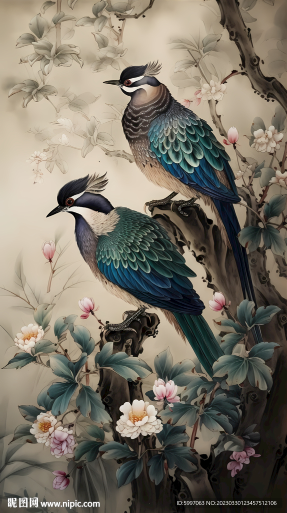 中國畫藝術(shù)插圖鳥類復(fù)古印花