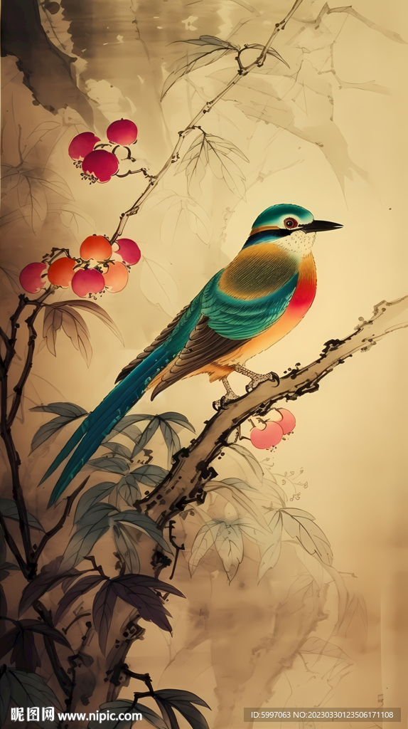 中國畫藝術插圖鳥類復古印花