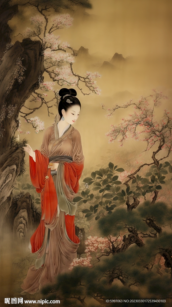 中国画水墨风格中国古装美女
