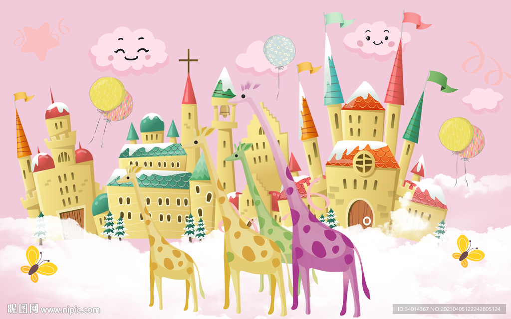 卡通城堡长颈鹿背景